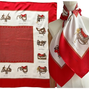 Vintage Red and White Equestrian Horse Saddle Print Square Scarf by Jean-Louis Scherrer