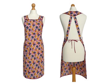 Vintage 50s Cotton Full Apron with Purple and Yellow Mid Century Floral Print Small - Medium