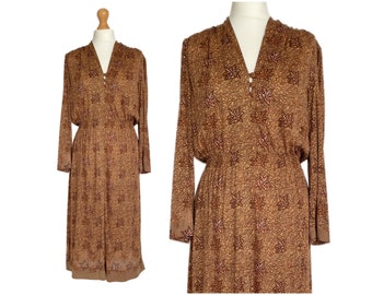 Vintage 70s/80s Brown Autumnal Leaf Print Dress Italian by Garlitz | UK Size 12-14