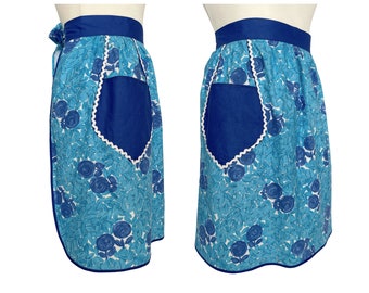 1950 年代のヴィンテージ コットン ハーフエプロン ブルーとターコイズ