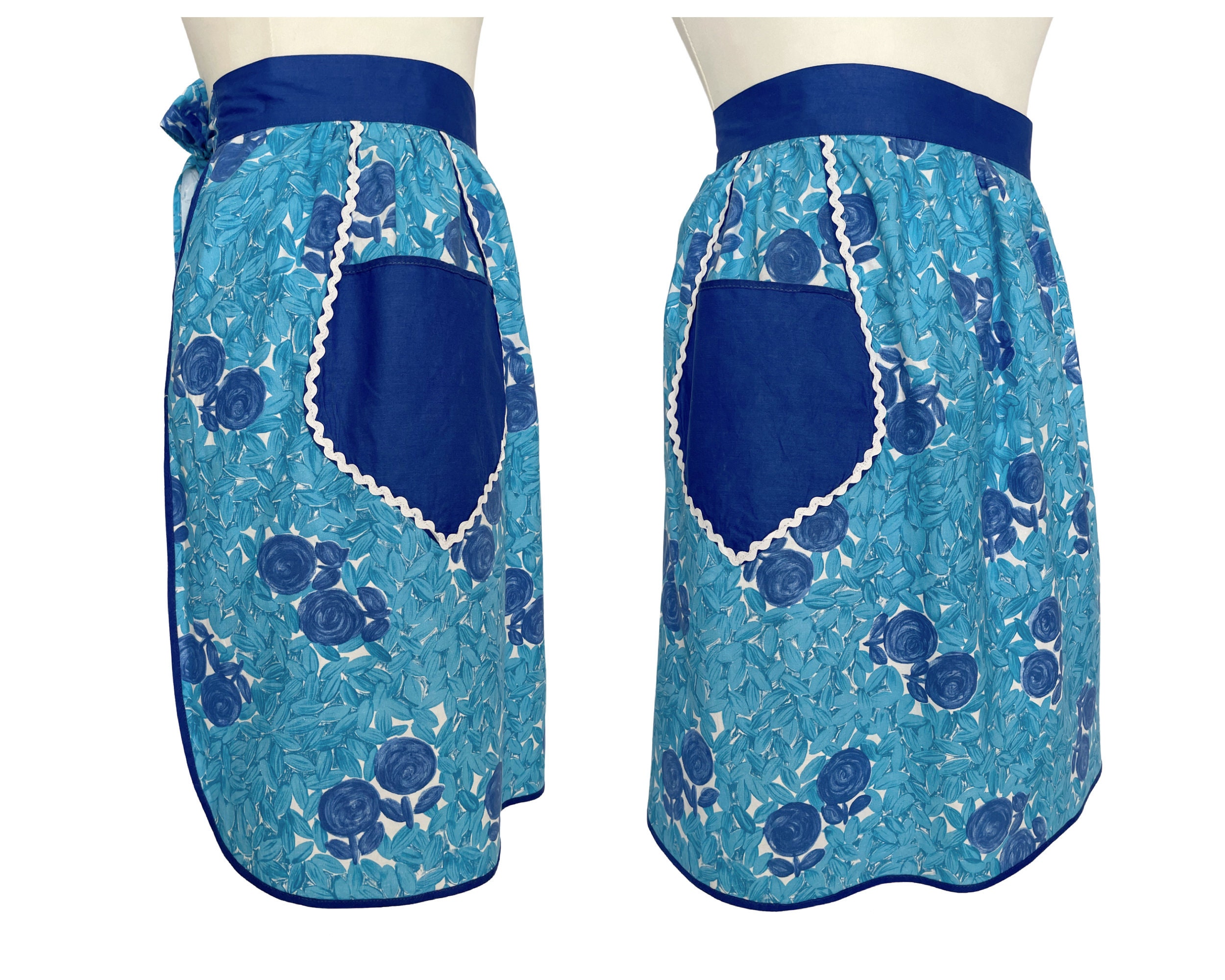 1950 年代のヴィンテージ コットン ハーフエプロン ブルーとターコイズ