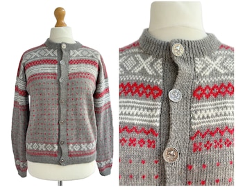 Vintage Grey Red and White Chunky Knit Wool Cardigan with Silver Nautical Shop Coin Buttons | UK 12 - 14 - 16