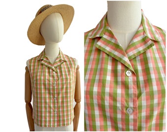 Vintage 1950s Cotton Pink and Green Check Blouse | UK Size 12