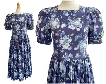 Vintage Laura Ashley Blue Floral Tea Dress | UK Size 8-10 XS S