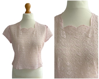 Blouse en dentelle rose pâle vintage des années 1950/60 par Morphita | Taille britannique 14