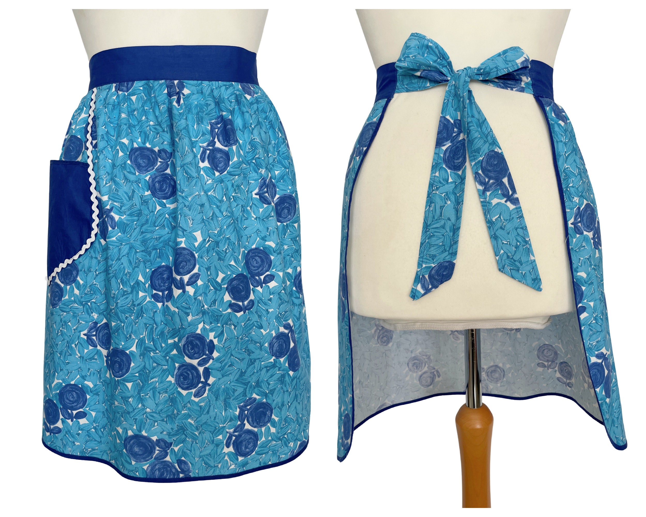 1950 年代のヴィンテージ コットン ハーフエプロン ブルーとターコイズ