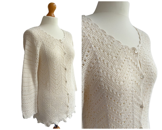 Vintage Laura Ashley Cream Crochet Cardigan 1990s… - image 2