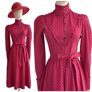Vintage Laura Ashley Red Prairie Style Midi Dress w Pie Crust Collar & Matching Tie Belt Made in Dublin Ireland | Size 6-8 (Laura Ashley 10)