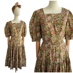 Vintage 1970s Pink and Green Floral Cotton Dress with Tiered Full Skirt | UK Size 10