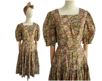 Vintage 1970s Pink and Green Floral Cotton Dress with Tiered Full Skirt | UK Size 10