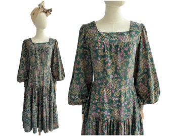 Vintage Wool Blend Green and Pink Floral Dress with Full Tiered Skirt | UK Size 10-12