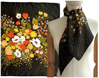 Vintage Black Square Scarf with Orange Yellow and White Retro Floral Print