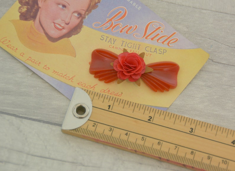 Original Vintage Red Bow Hair Clip with Flower  Rose on Original Card Packaging Unused Deadstock