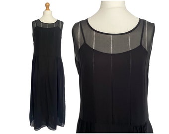 Vintage Laura Ashley 1990s Black 100% Silk Sheer Maxi Dress with Underdress | UK size 14-16