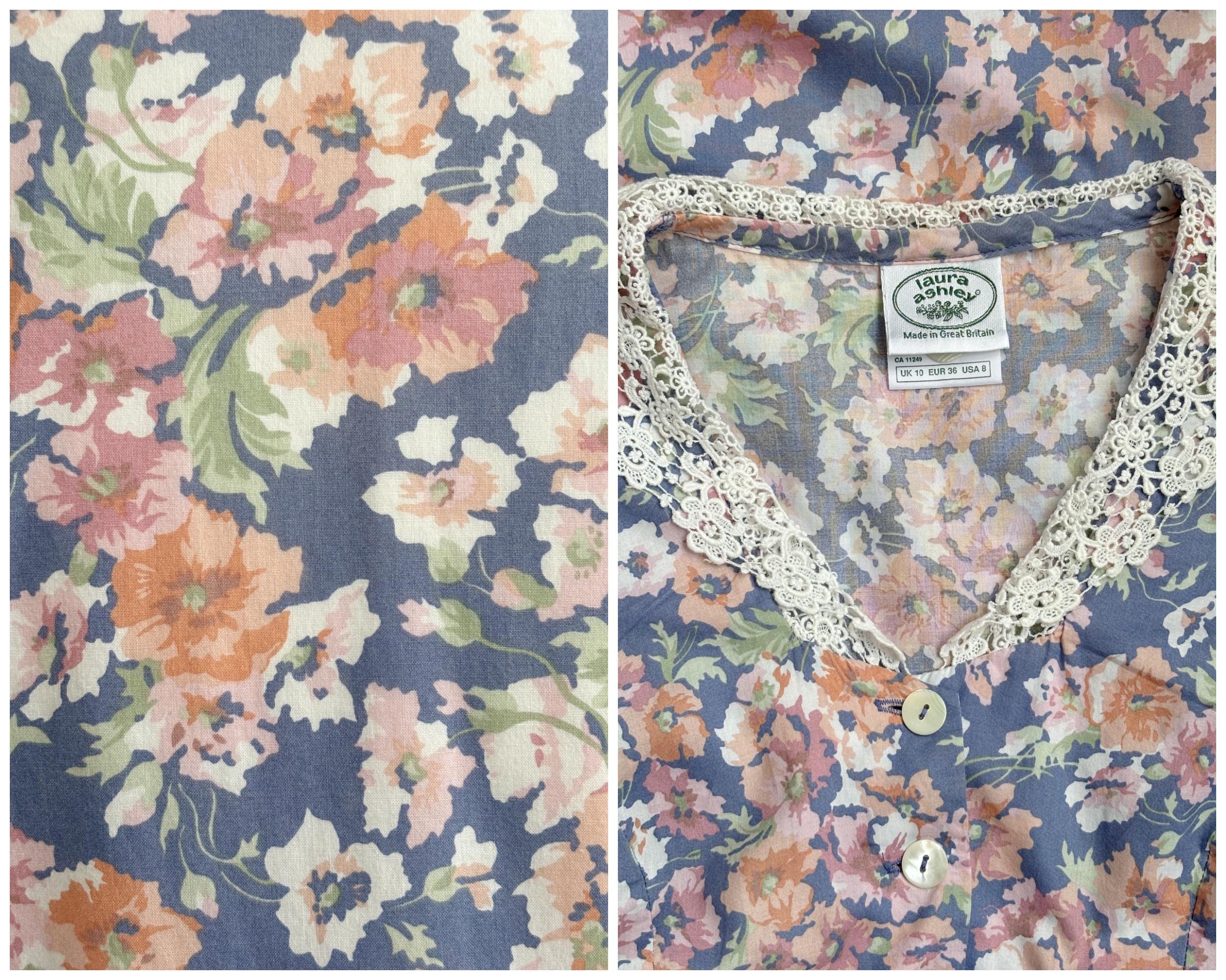 Vintage Laura Ashley Floral Blue Cotton Dress With Peach and