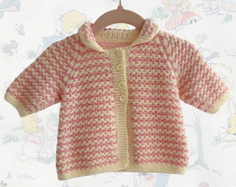 Vintage Baby Girl Hand Knit Cardigan with Collar Pink and Cream