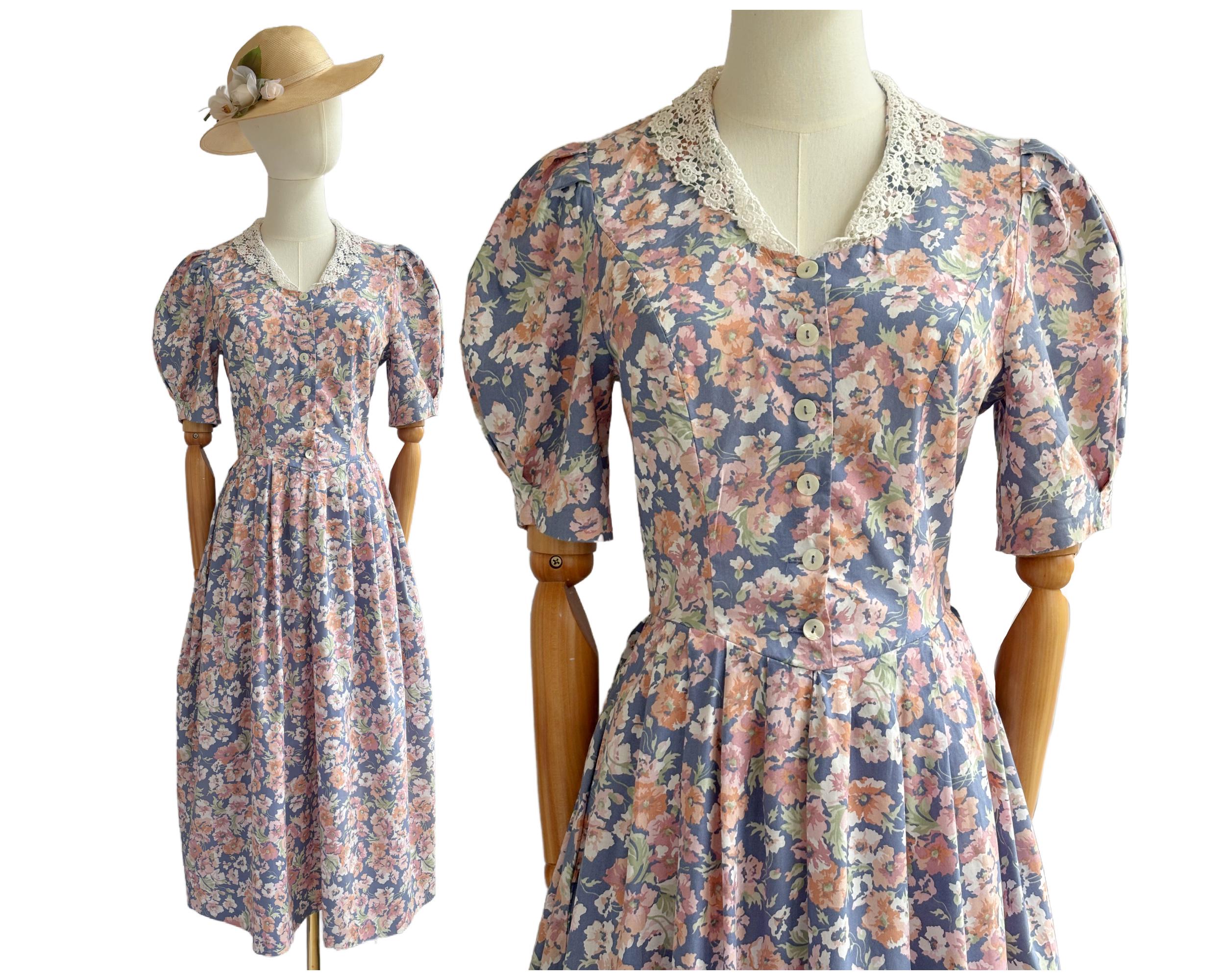 laura ashley＊Blue flower pattern dress Vintage 80s Laura Ashley Bluebell Coloured Floral Cotton