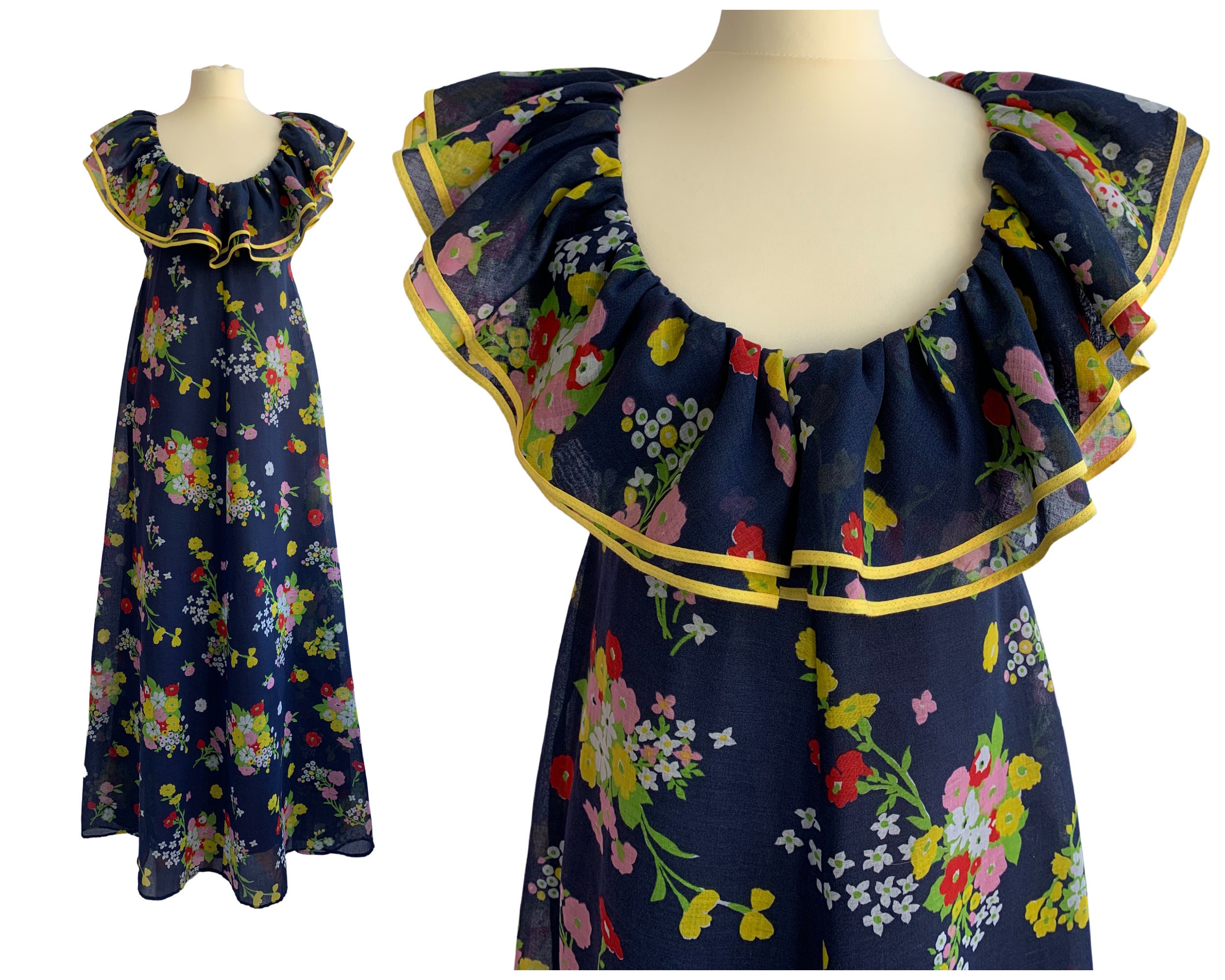Vintage Navy Blue and Yellow 1970s Floral Maxi Dress Kati at - Etsy UK