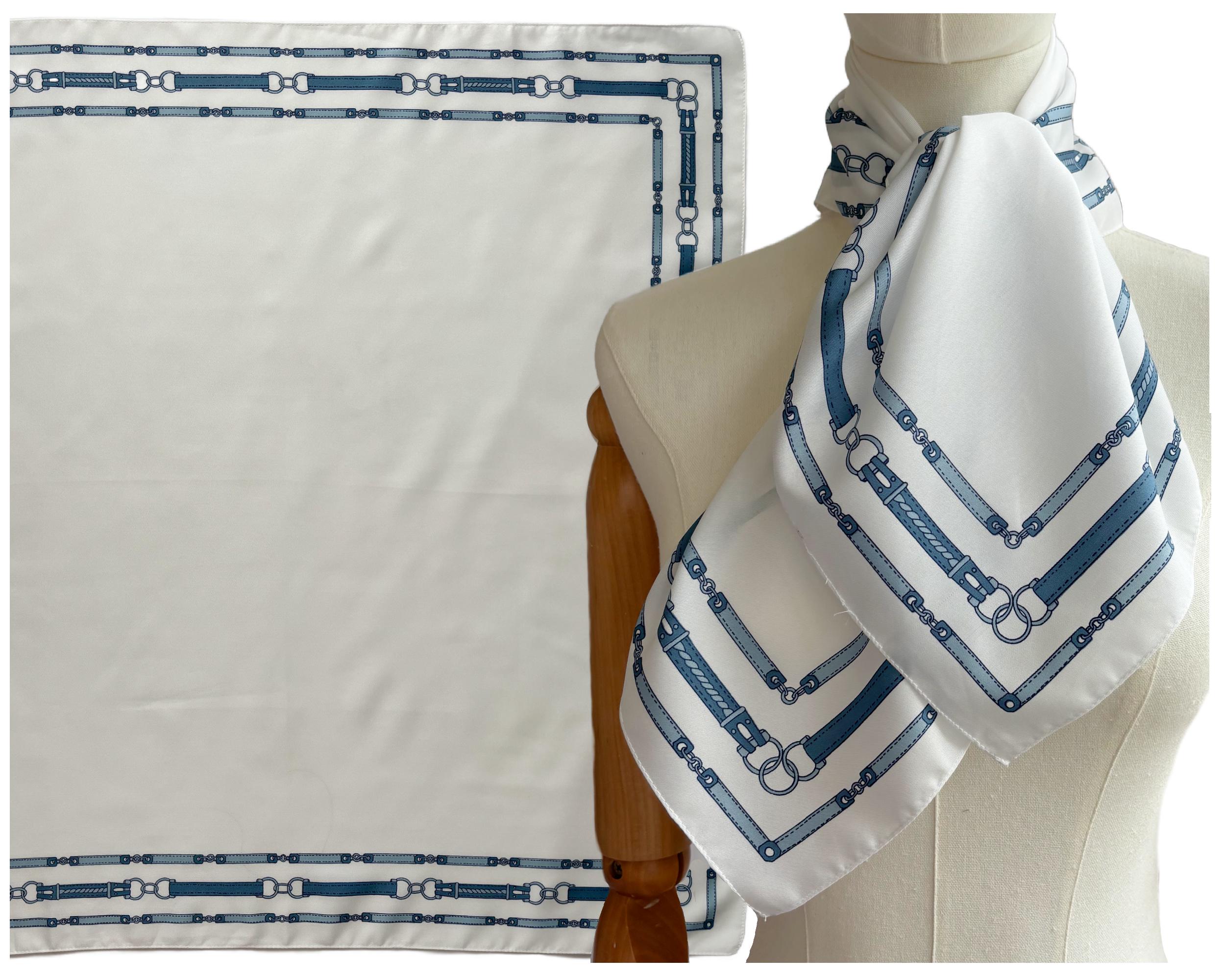 Vintage St Michael White Square Scarf with Blue Link and Chain Horse-bit Motif Border
