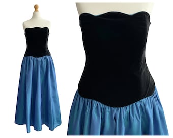 Vintage Laura Ashley Strapless Black and Blue Velvet and Taffeta Evening Dress | Prom Dress | Ball Gown | UK Size 6-8 XS S