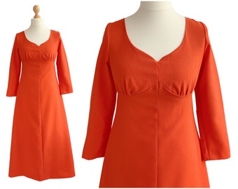 Vintage Retro 1970s Orange Crepe Maxi Dress | UK Size 10 Small