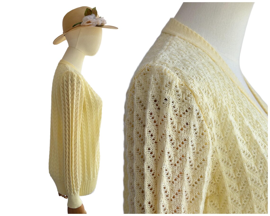 Vintage Pastel Yellow Acrylic Pointelle Cardigan Size Medium, photo 3 of 5