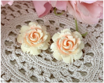 Vintage Cream and Pink Carved Celluloid Rose Clip on Earrings