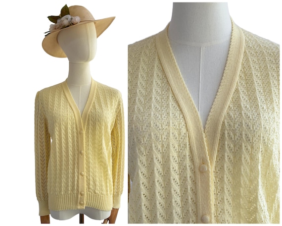 Vintage Pastel Yellow Acrylic Pointelle Cardigan Size Medium