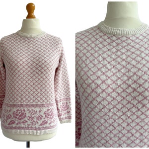Vintage Laura Ashley Pink and White Cotton Knit Sweater Jumper with Rose Design | Size Small