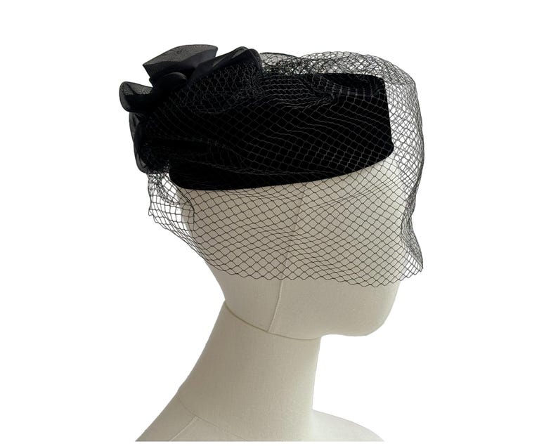Vintage Black Velvet Bill Box Hat With Veil and Organza Rose Flower