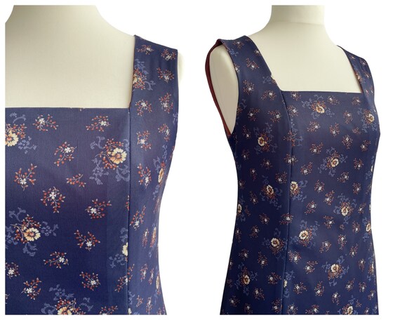 Vintage 1970s Navy Blue Floral Pinafore Maxi Dress UK… - Gem