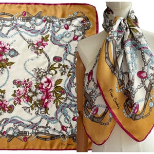 Vintage Floral Silk Square Scarf with Gold Border and Pink Flower and Bead Jewellery and Buckle Design by Pierre Cardin