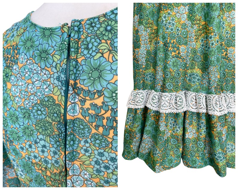 Vintage 1970s Retro Floral Lace Trim Tiered Maxi Prairie Dress Green Blue Orange Autumn Fall Long Sleeved UK Size 12 image 6