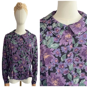 vintage - Chemisier en viscose à fleurs violet et vert Laura Ashley | Taille britannique 12 (Laura Ashley 14)