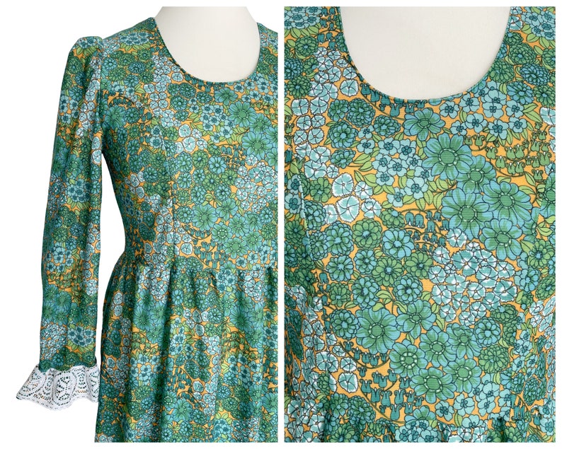 Vintage 1970s Retro Floral Lace Trim Tiered Maxi Prairie Dress Green Blue Orange Autumn Fall Long Sleeved UK Size 12 image 5