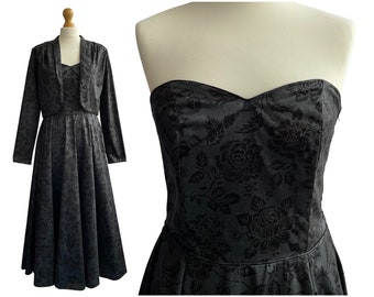 Vintage Laura Ashley Black Floral Strapless Evening Dress with Matching Bolero Jacket UK Size 10 XS