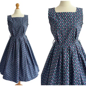 Vintage 1950s Blue and Purple Abstract Floral Full Skirted Cotton Dress by Sheila Gogan  | UK Size 8