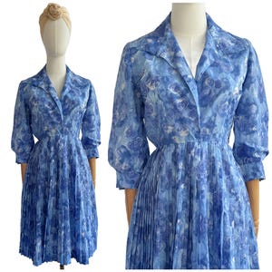 Vintage 50s/60s Blue Floral Painterly Rose Print Nylon Shirtwaist Dress with Pleated Skirt | UK Size 6-8