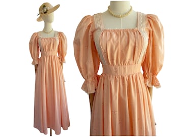 Vintage 1970s Peach Maxi Dress with Striped Floral Print and Lace Trim | UK Size 8