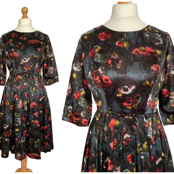 Vintage 60er Jahre Schwarzes Kleid mit Rosenprint | UK-Größe 12-14