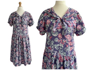 Vintage Laura Ashley Purple Floral Drop Waist Dress | UK Size 14