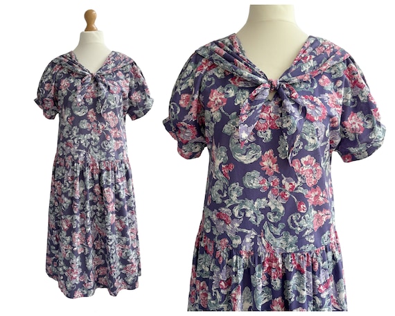 Vintage Laura Ashley Purple Floral Drop Waist Dress | UK
