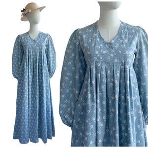 Vintage Laura Ashley 70s Made Wales Dyers Printers Blue Floral Cotton Maxi Dress Regency Empire Style Prairie UK Size 6-8 (Laura Ashley 12)