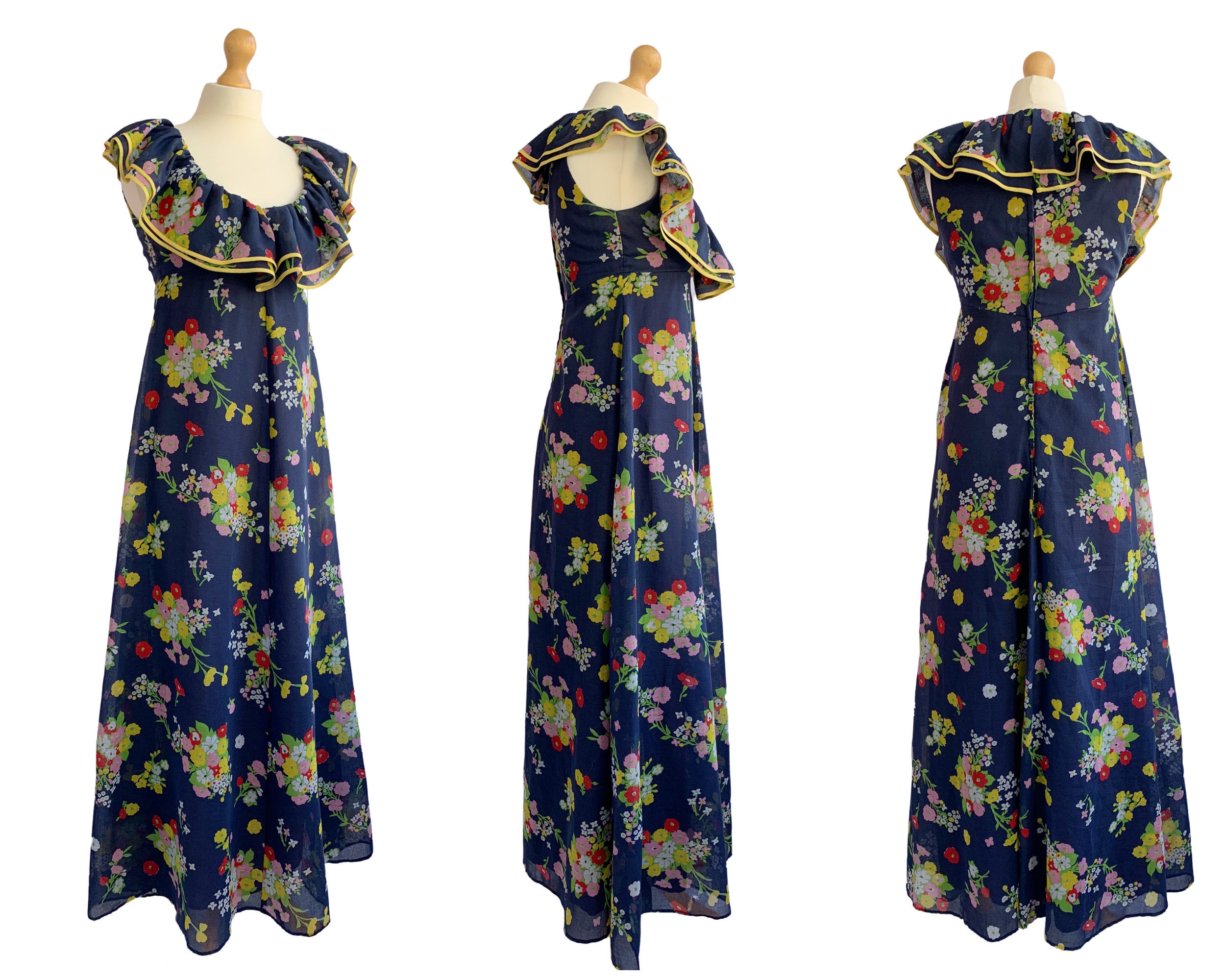 Vintage Navy Blue and Yellow 1970s Floral Maxi Dress Kati at - Etsy UK