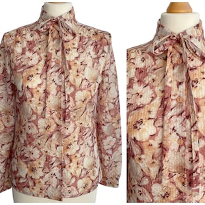 Vintage 1970s Crepe Blouse Autumnal Fall Brown and Beige Floral with Tie Detail at Collar| Deréta London | UK Size 12 Medium