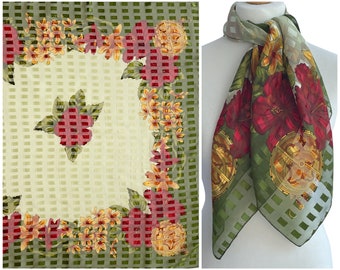 Vintage Green Red and Orange Large Square Scarf / Head Scarf with Floral and Compass Print