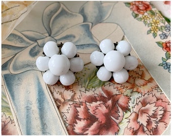 Vintage Small White Milk Glass Bead Clip On Cluster Earrings