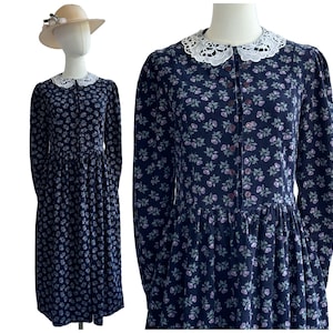 Vintage Laura Ashley Navy Blue Floral Needlecord Long Sleeve Dress with White Lace Peter Pan Collar Purple Rose Print | UK Size 8-10
