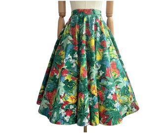 Vintage 1950s Cotton Painterly Floral Full Circle Skirt Green Red Yellow Blue | UK Size 12