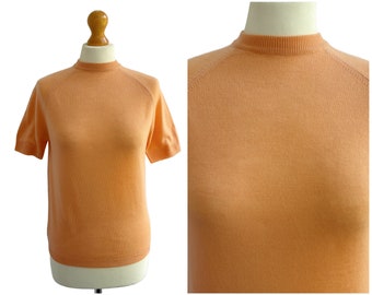 Vintage 60s Peach Pure Wool Short Sleeved Sweater Jumper by Bainswear | UK Size 12